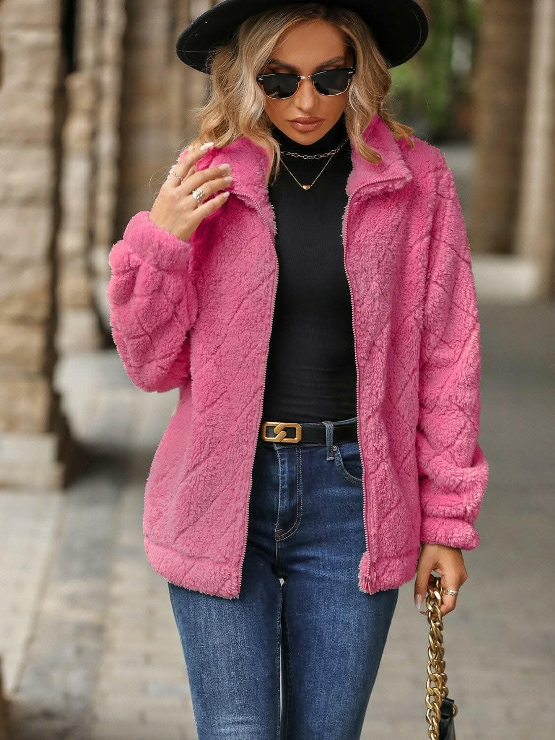 Fuzzy zip-up jacket with pockets - Love Salve